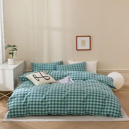 Image of MKXI Moss Green & Navy Checkered Duvet Cover Set 3-Piece Washed Cotton Reversible Bedding Queen Soft Vintage Plaid Design with Zipper Closure & Corner Ties