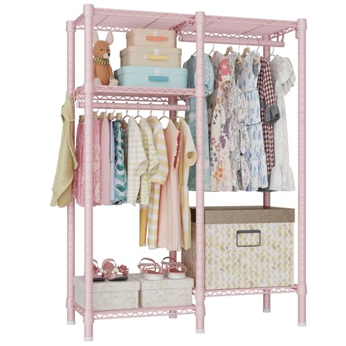 Image of Ulif F1 Clothes Rack for Kids, Baby, Students, and Children's Room, 4 Tiers Portable Metal Closet Clothing Rack, Small Garment Rack with 2 Hanging Rod, 31.2" W x 11.8" D x 48" H, Pink
