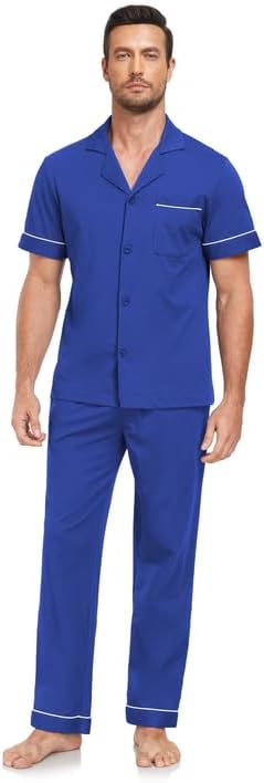 COLORFULLEAF Men's 100% Cotton Pajamas Set Button Down Short Sleeve Sleepwear Long Pants Pjs for Men with pockets - Image 2