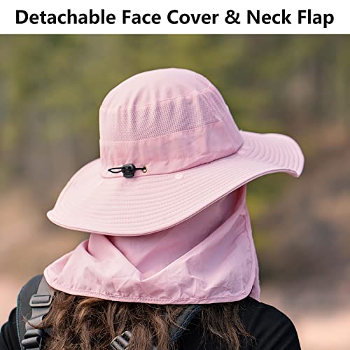 Upf 50+ Sun Fishing Hat For Men Women Wide Brim Hat With Detachable Face Cover & Neck Flap Pink #TOP1