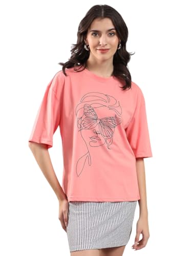 KOTTY Women's Solid Young Salmon Printed Tshirt(Pink,S)-KTTWOMENSTSHIRT410S Deal