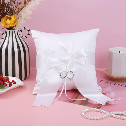 Quilax Wedding Ring Pillow, Ivory Ring Bearer Pillow, Big Bow Rings Bearer Holder Pillows for Wedding Party Ceremony(White)