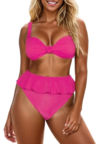 Image of Saodimallsu Women's 2 Piece High Waisted Swimsuit Ruffle Bikini Set | Twist Knot, Ribbed, Bathing Suits