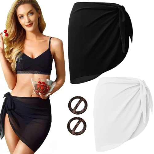 Cutiolly Damen Strand Wrap Sarong,2pcs Strandrock Strand Wrap Sarong,Strand Wrap Sarong Vertuschung Chiffon,Cover Up Strand Wrap,Kurz Bikini Rock für Strand Urlaub Strandkleid,Schwarz und Weiß