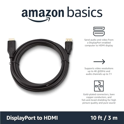 Image of Amazon Basics DisplayPort to HDMI Cable, Uni-Directional, 4k@30Hz, 1920x1200, 1080p, Video and Audio, Gold-Plated Connectors, 10 Foot, Black