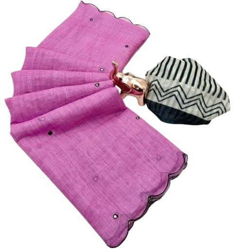 Image of Linen Cotton Saree with Black Mirror Work | New