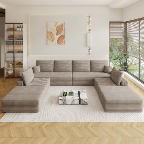 Image of Oversized Modular Sectional Sofa Couch, Large 8 Seater Corner Sofa Modern U Shaped Sectional Couch with Ottoman Cloud Couches for Living Room, Office, Spacious Space, Corduroy, No Assembly, Camel