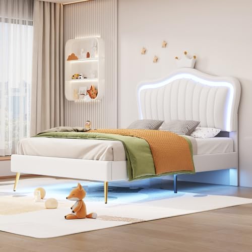 Crown Headboard Twin Size Princess Bed for Girls,Upholstered Twin Bed Frame with LED Lights for Kids,Twin Bed for Girls,Adjusted Headboard(Twin,White)