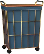 Stylish Rolling Laundry Hamper on Wheels - Gold Metal Frame with Leather Liner & Handle, Portable Clothes Sorter with Lid for Bedroom, 35x28x49cm, White Iron Wire Basket