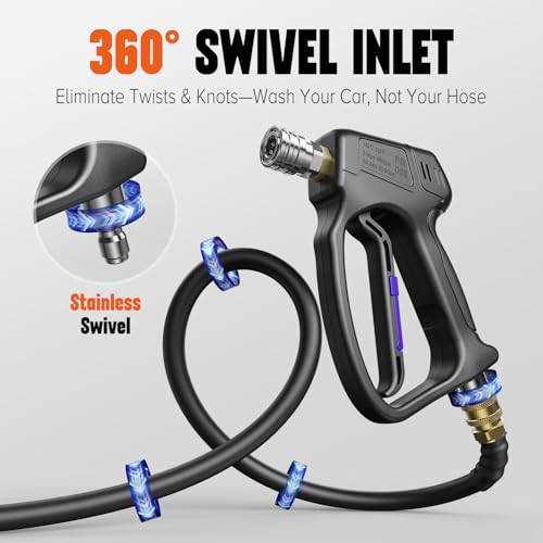 Image of Short Pressure Washer Gun with 360Swivel, 4000 PIS Power Washer Gun | Stubby High Pressure Washer Gun, 3 /8 inch Male Plug, 1 /4 inch Quick Connect, 5 Spray Nozzle, Car Wash Gun for Foam Cannon