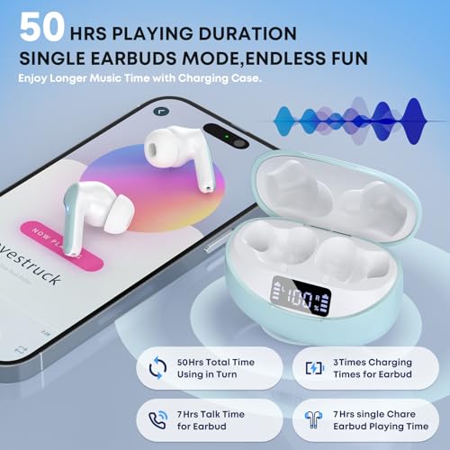 Image of Wireless Earbuds, 50H Playback LED Digital Display Ear Buds with Bluetooth 5.3 Headset, IPX7 Waterproof Earphones for Running /Workout Light Green