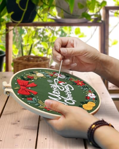 Image of TINDTOP Christmas Embroidery Kit for Adult, Embroidery Kit for Beginners | Include Embroidery Cloth Hoops Threads for Craft Lover Hand Stitch with Embroidery Skill Techniques