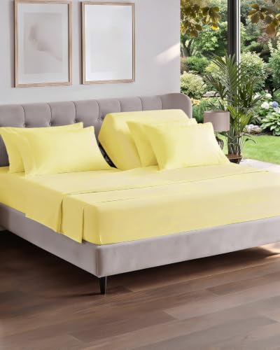 Image of Flex Top Split Head King 6 Piece Piece Sheet Set - Comfy Breathable & Cooling - Soft Hotel Luxury Bedding Set with 8-16 Inch Deep Pockets - 1 Flat & 1 Fitted Sheet & Pillowcases - Yellow