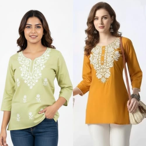 Image of Women's Rayon Kashmiri Embroidered Short Kurti | Stylish and Comfortable Kashmiri Short Kurti Tops for Casual Or Special Occasions | Pack of 2 Combo |