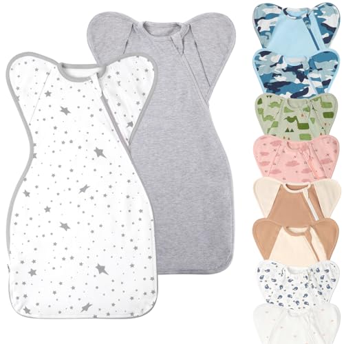 Image of Knirose Swaddle Blanket Sleep Sack with Arms Up Design 2 Packs, Hands Up Sleeping Sack 3-Way Transitions to Arms-Free Wearable Sleeping Bag for Newborn Baby Boys Girls Snug Fit Calms Startle Reflex