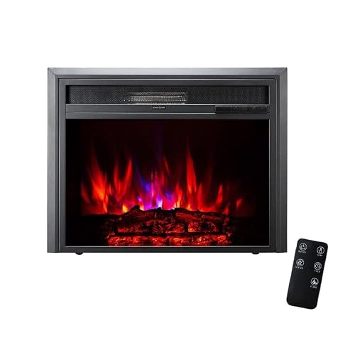 Xbrand 28 Inch Long Black Curved Glass And Steel Indoor Insert Electric Fireplace Heater With Remote Control, Led Rolling Flame Effect, And Temperature Limiting Control #TOP1