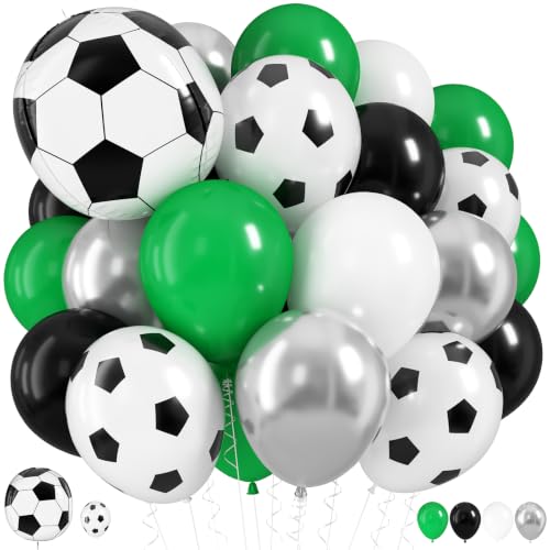 Image of Soccer Balloons, 12 Inch Green Black White Metallic Silver Latex Balloons with Soccer Ball 4D Foil Balloon for Boys Kids Sport Theme Birthday Decorations Football Lover Men Party Baby Shower Decor