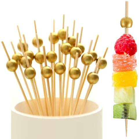 400 PCS Fancy Cocktail Picks, PEOUWNES Toothpicks for Appetizers, 4.7 Inch Bamboo Cocktail Sticks Skewers, Gold Pearl Mini Food Picks for Drinks, Fruit, Sandwich Burgers, Charcuterie, Wedding, Party Cover