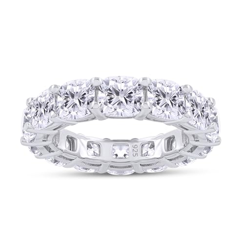 SAVEARTH DIAMONDS Eternity Wedding Band Ring For Women, 9 CT 5MM Cushion Cut Lab Created Moissanite Diamond 4.5MM Width Full Eternity Stackable Engagement Ring In 18K Gold Plated 925 Sterling Silver