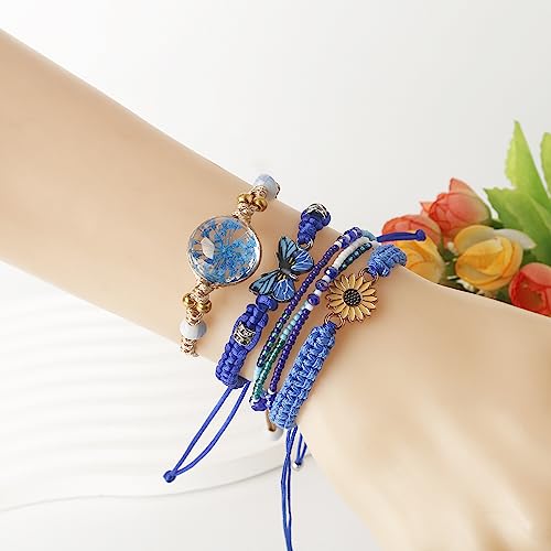 DS 4PCS String beads Charm Bracelets for Teen Girls Dainty cute cartoon Butterfly Daisy Eternal flower Beads Bracelets set for woman and girls Adjustable Stretch bracelet birthday Gift For Friends 6
