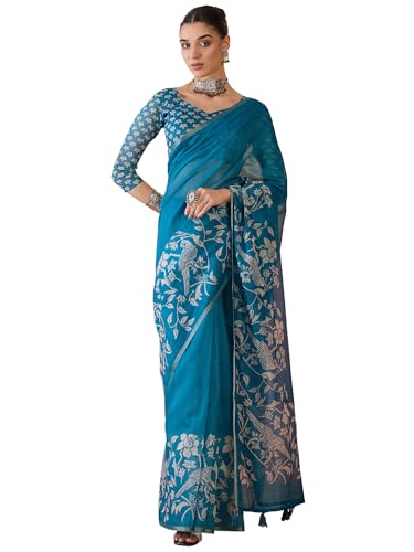 Image of AKHILAM Women's Cotton Printed Saree With Unstitched Blouse Piece