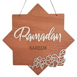 Ramadan Door Sign，Eight awn star Ramadan Kareem Wooden 3D Hanging Decorations, Front Door Wreath for Wall Window Indoors Home Decor