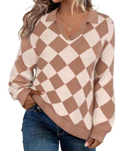 Image of CARCOS Plus Size Sweaters for Women Long Sleeve Pullover Sweaters Lapel Collared Vneck Knit Jumper Tops Fall Winter XL-5XL