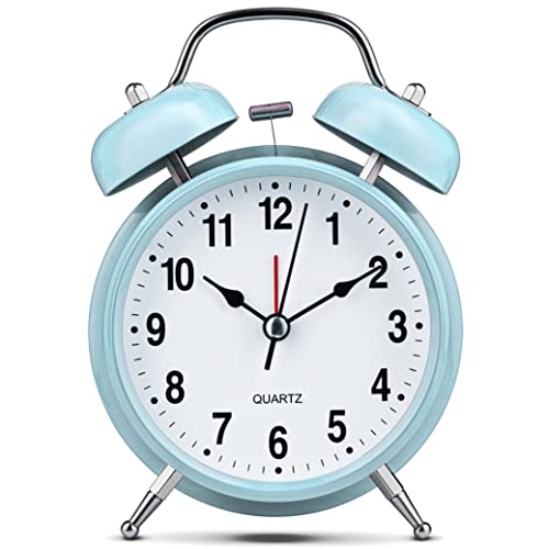 Image of Bernhard Products Analog Alarm Clock 4 inch Twin Bell Black Silent Non-Ticking Quartz Battery Operated Extra Loud with Backlight for Bedside Desk, Retro (Light Blue)