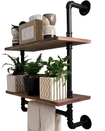 Industrial Pipe Shelving Bathroom Pipe Shelves with Towel Bar Over Toilet | 24 inch Pine Wood Floating Shelves for Wall Mounted Bedroom,Kitchen, Farmhouse, Living Room