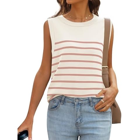 MIROL Women's Sleeveless Striped Tank Tops 2025 Summer Crewneck T-Shirts Basic Knit Casual Loose Blouse Pink Cover