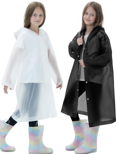 2 Pack Raincoats for Kids, Borogo Reusable Rain Ponchos with Hood and Sleeves Rain Coats for Boys and Girls2