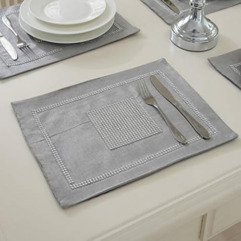 San Tungus Pack of 4, 12x16 Inches Matching Rhinestones Placemats for Spring Wedding Birthday Baby Shower with Sequined Rhinestone, Grey Cover