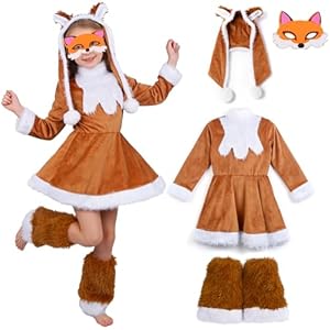 Moiuguli Fuchs Kostüm Kinder, Fuchs Kostüm enthäLt Hut Kleid SchuhhüLle Maske Gesicht Aufkleber, Fuchskostüm für Faschingskostüme Kinder Mädchen, Faschingskostüme Kin-der Tiere