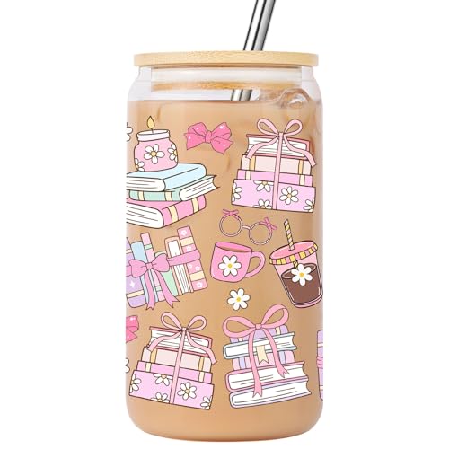 Lovearth Coquette Book Themed Glass Cup w/Lid & Straw, Bookish Girly Iced Coffee Tumbler 16 oz, Cute Mothers Day, Birthday, Trendy Reading Gifts for Book Lovers Women, Teen Girls, Readers, Bookworm