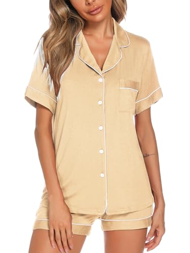 Image of Aamikast Button Up Pajama Set for Women Shorts Short Sleeve Knit Sleepwear 2 Pice Pjs Sets