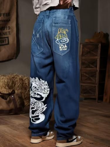 Unisex Y2K Hip Hop Street Jeans Dragon Print Gothic Baggy Jeans Vintage High Waist Denim Jeans Wide Leg Pants3