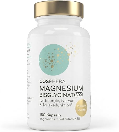 COSPHERA Magnesium Bisglycinat [300mg] mit Vitamin B6 (P-5-P) - 180 vegane Kapseln - hohe Bioverfügbarkeit (Chelat) - ohne unnötige Zusatzstoffe - für Energie Nerven & Muskeln
