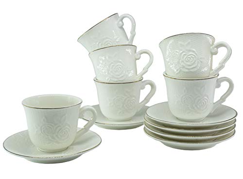Yizhi Lot de 6 Tasses à café - 6 Tasses avec 6 soucoupes en Porcelaine Blanche - Tasse à thé - Tasse à café - Relief Floral - 80ml Cover