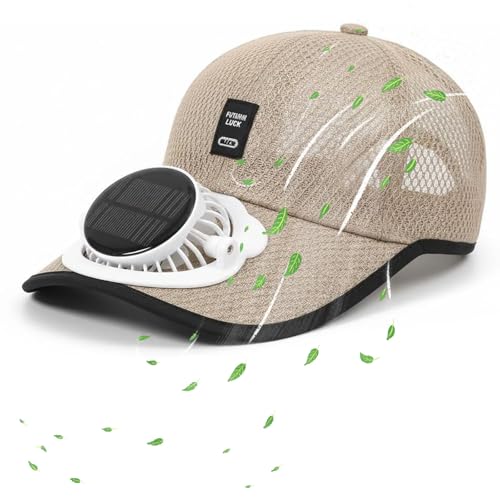 Solar Rechargeable Peak Cap USB Breathable Sport Fan Hat for Men Women Outdoor Running Hiking Fishing (Beige)