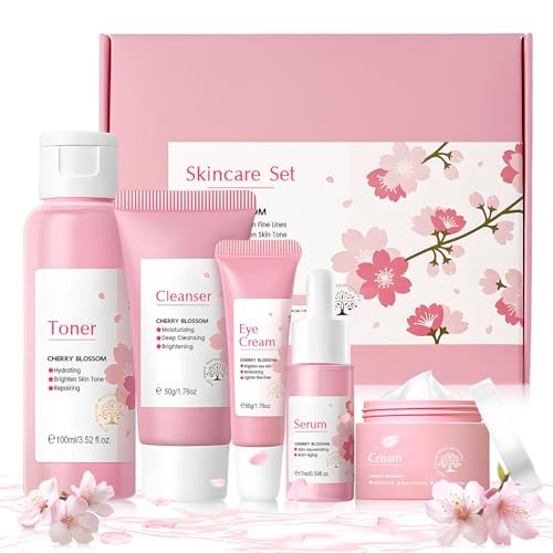 Set de Cuidado Facial Sakura, Set de Cuidado de la Piel Sakura , Cuidado Facial Mujer con Limpiador, Tónico, Esencia, Crema de Esencia y Crema Ojos para Nutre e Hidrata el Rostro -5 Piezas