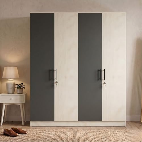 Image of FFO Tokyo 4 Door Wooden Wardrobe for Bedroom with Hanging Rod, Shelves & Lock | Modern Clothes Storage Almirah /Cabinet with Black & White Wood | Wardrobe Organizer for Clothes, Dresses DIY.