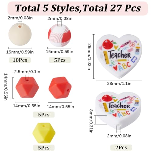 SUNNYCLUE 1 Box 27Pcs 15mm Teacher Silicone Beads Rubber Beads Bulk Soft Characters Back to School Hexagon Round Loose Spacer Focal Bead for Keychain Making Pens Lanyards jewellery Bracelet DIY Craft - Image 2