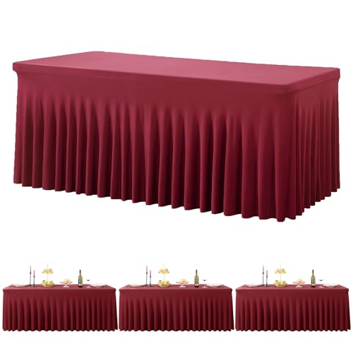 Image of 3 Pack Burgundy Spandex Tablecloth for 6 Foot Rectangle Tables, Wrinkle Free Fitted Table Cloth Cover 6ft Maroon Stretchy Tablecloths with Skirt for Parties Weddings Birthday Banquet Baby Shower