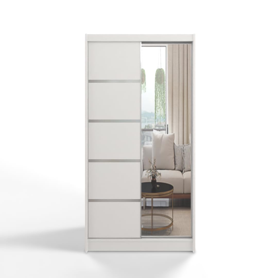 Moderno armadio scorrevole bianco con specchio, 100 cm, elegante armadio a 2 ante per camera da letto con asta appendiabiti, mobile salvaspazio per soggiorno nized