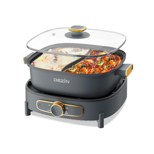 Dezin Hot Pot Electric with Divider, 5.5L Double-Flavor Electric Shabu Shabu Pot, Removable Non-Stick Dual Sided Electric Cooker, 3″ Depth Divided Pot with Multi-Power Control, 2 Silicone Ladles