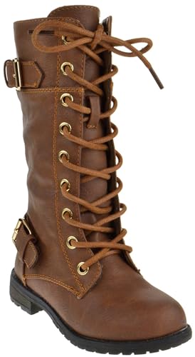 Forever Kid's Girls Knee High Lace Up Zipper Combat Riding Boots2
