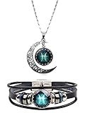 2Pcs Pisces Zodiac Sign Necklace Bracelet for Women Men 12 Twelve Constellations Leather Bracelet...