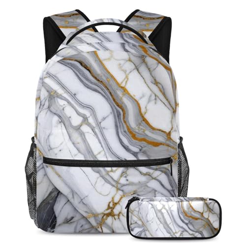 Ensemble de 2 cartables marbre blanc avec grand sac à dos et trousse pour filles et garçons
