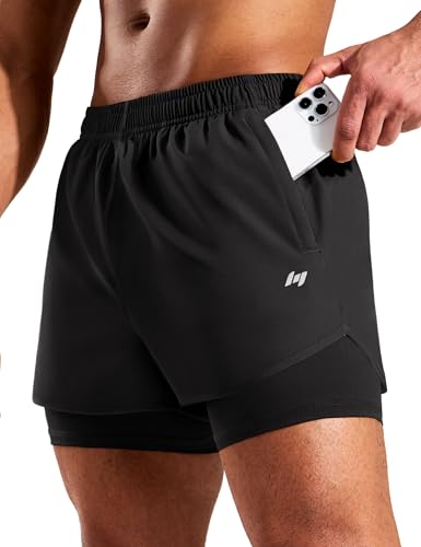 MIER Mens 2-in-1 Running Shorts Quick Dry Gym Workout Athletic Training Shorts with Compression Liner,3 Zipper Pockets