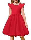 Arshiner Tween Teen Girls Valentines Formal Summer Fluffy Bubble Dress Ruffle Sleeve Party Casual Midi Dresses Red 12-13 Years